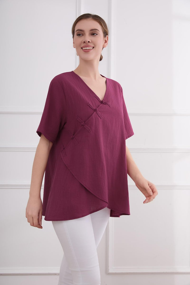Minibee Women's Linen Retro Chinese Frog Button Tops Blouse Wine Red XL - Image 3